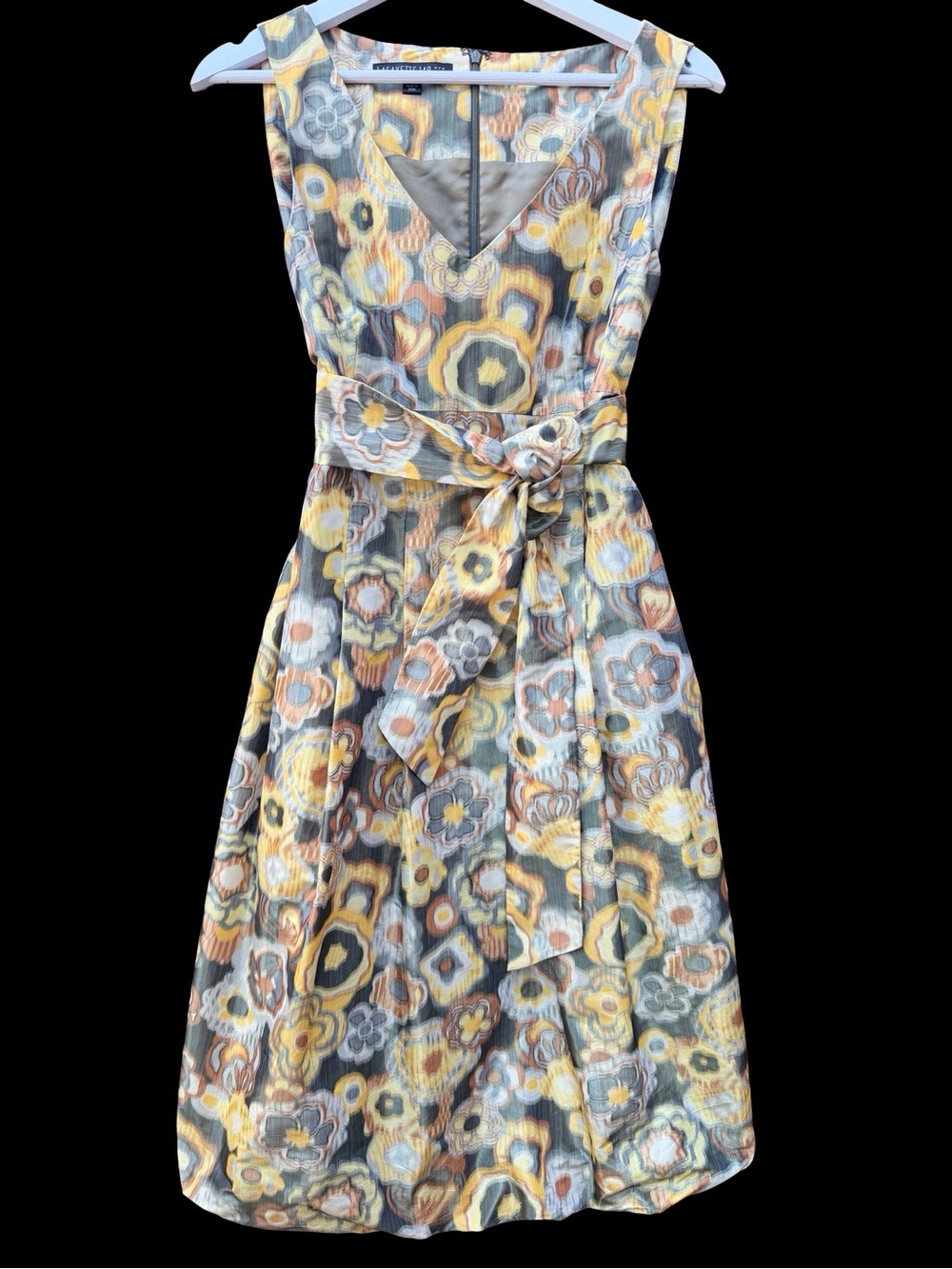 Lafayette 148 Retro Geometric Floral V-Neck Belted Midi Dress Yellow & Gray Sz 8